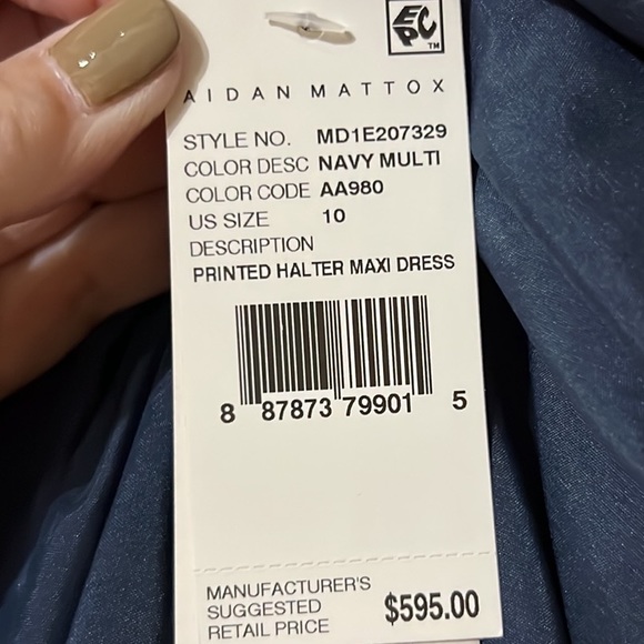 150.  Aidan Mattox Printed Halter Maxi Dress in Navy Multi-color, Size 10 NWT - Picture 13 of 16